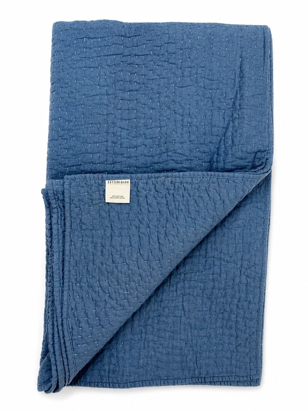 Pottery Barn Blue Pick-Stitch Cotton Linen Twin Quilt & 26” Euro Sham Set
